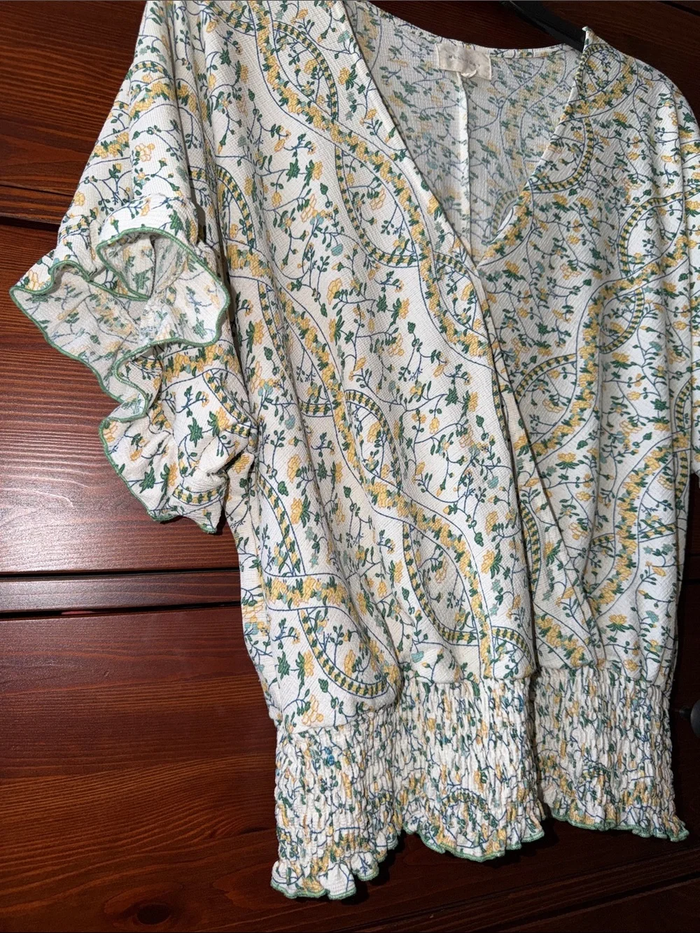 MELLODAY Floral Smocked Waist Blouse Green Yellow Floral Large